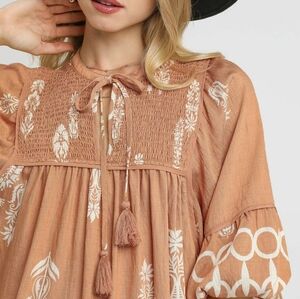Umgee Tribal Print Tassel Tie Neck Mini Dress In Tan